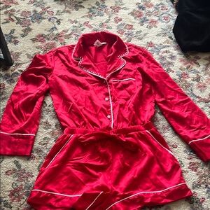 Red Satin Pajama romper with White Trim